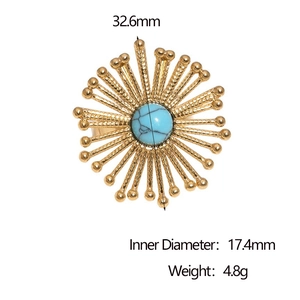 Golden stainless steel sunburst ring featuring a turquoise stone inlay on white background