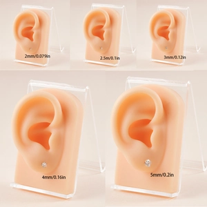 Size comparison chart showing five stainless steel zircon stud earrings from 2mm to 5mm