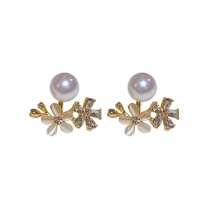 Elegant gold flower pearl earrings with cat eye stone and sparkling zircon accents
