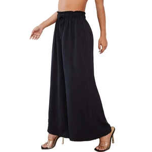 Pantalones casuales de pierna ancha para mujer en negro con cintura elástica y cordón ajustable