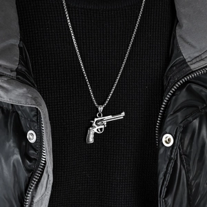 Hip hop titanium steel revolver pendant necklace for men in vintage silver finish