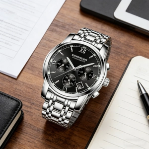 Close-up of elegant men's stainless steel watch with black chronograph dial on a desk