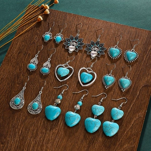 Bohemian Ethnic Drop Earrings Alloy Faux Turquoise Moonstone Heart Geometric Vintage With Stainless Steel Earring Post