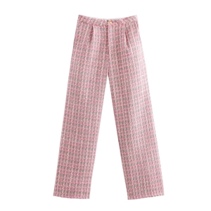 Pantalon Large En Tweed Pour Femme Rose À Carreaux Taille Haute Pantalon Droit Décontracté Décoration Bouton