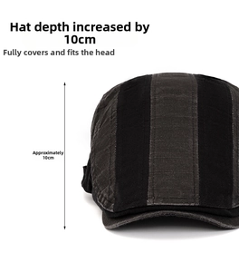 Detail view of cotton patchwork flat cap with a 10cm depth measurement and striped texture