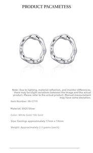 Detailed specs of irregular wavy S925 silver earrings with 17x19mm size and 2.3g weight
