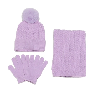 Gemütliches lila Zopfstrick-Set für den Winter mit Bommelmütze, Schal und Handschuhen