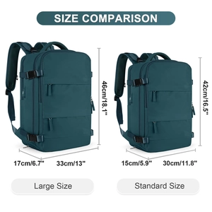 Size comparison chart showing Large and Standard backpack dimensions in cm and inches