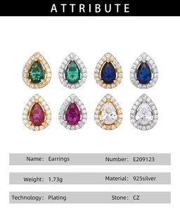 Detail display of 925 silver pear-shaped stud earrings in 8 various colors and finishes