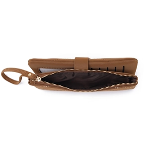 Brown long wallet for women with gold zipper and wristlet strap on white background