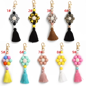 Silicone bead floral tassel keychains in nine patterns like leopard and sunflower prints