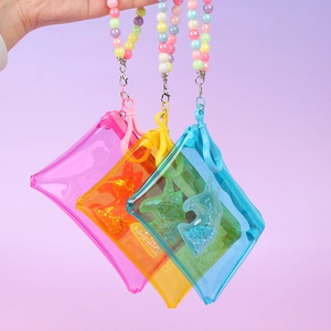 Transparent PVC unicorn glitter coin purse with colorful bead wristlet strap in three colors