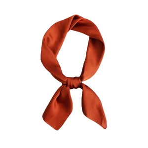 Reddish brown square silk scarf tied in a stylish knot on a clean white background
