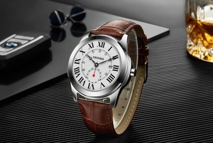 Close-up of DEDIMA men's watch with white Roman numeral dial and brown leather strap