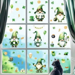 St. Patrick's Day gnome window decals featuring green shamrocks and rainbows on glass