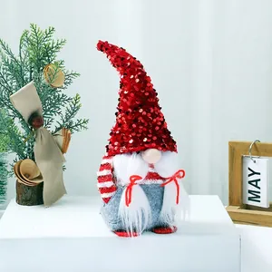 Cute Christmas gnome plush with red sequin hat and white beard for festive home table decor