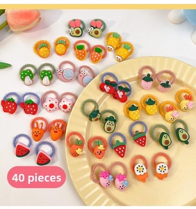 Detailed view of 40pcs colorful elastic hair ties with cute resin fruit and animal charms