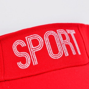 Kids red empty top sun hat with white SPORT embroidery made of cotton canvas