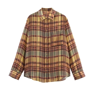 Chemisier Vintage À Carreaux Manches Longues Boutonné Décontracté Col Rabattu Poche Poitrine Ourlet Arrondi Femmes