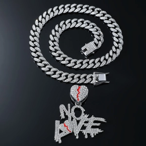 Hip hop silver Cuban chain with iced out NO LOVE letter heart pendant for men