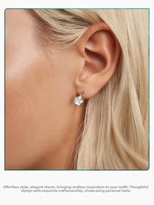 Close-up of S925 sterling silver earring with six-prong cubic zirconia on ear