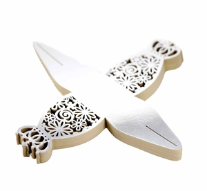 Flat laser-cut pearlescent white candy boxes with intricate hollow patterns for weddings