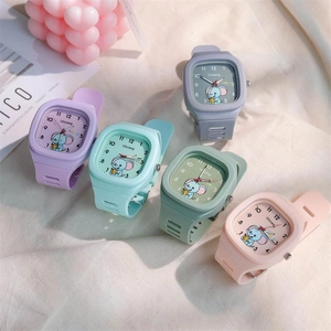 Detailed view of colorful pastel quartz watches with cute elephant dial and silicone straps