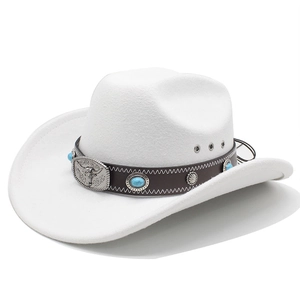 White western cowboy hat with brown belt, bull buckle and blue turquoise accents