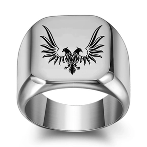 Mens silver square stainless steel ring with laser engraved double-headed eagle emblem