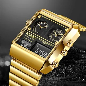 Men's Analog Digital Sport Watch Stainless Steel Strap Waterproof Square World Map Multiple Time Zones Luminous
