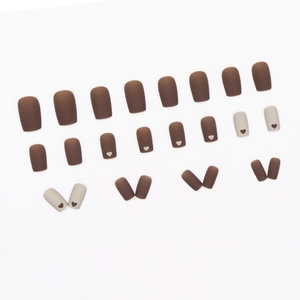 Matte press-on nails in coffee brown and cream grey with heart patterns, 24-piece set