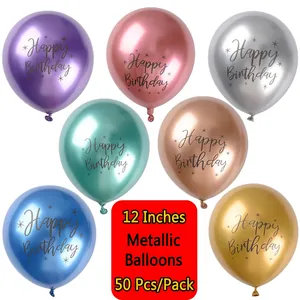 Pack of 50 12-inch metallic latex Happy Birthday balloons in assorted vibrant colors