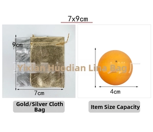 Detail showing 7x9cm metallic drawstring gift pouches in gold and silver colors