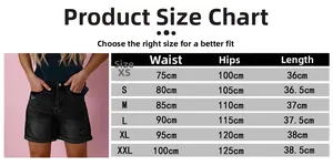 Detailed size chart for distressed denim shorts showing waist and hips measurements