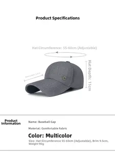 Detailed size chart for men's baseball cap with 9.5cm brim and adjustable strap