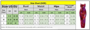 Size chart showing US and EU measurements for the floral slim fit camisole maxi dress