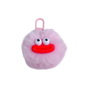 Pink furry cartoon keychain with big eyes and red lips for bags and keys accessories