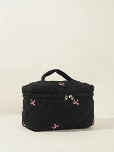 Quilted black makeup bag with pink bow embroidery and convenient top handle