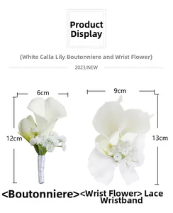 Detailed size guide for white calla lily boutonniere and lace wrist corsage set