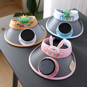 Detail view of solar fan visors for kids featuring cute rabbit, dinosaur and frog designs