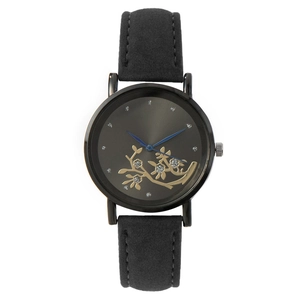 Montre Mode Pour Femme Cadran Floral Élégant Strass Aiguilles Bleues Boîtier En Alliage Bracelet Similicuir Quartz
