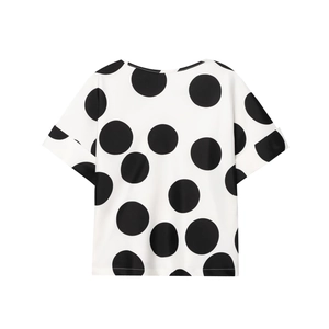 Top de manga corta para mujer con lunares negros y pantalones de pierna ancha
