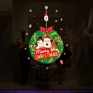 Merry Christmas Santa and snowman festive wreath sticker for window and glass decor