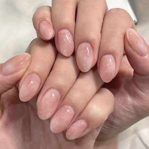 Short Round Press On Nails Pink Blush Ombre Gradient Jelly Texture Shimmer False Nails For Women Daily Manicure