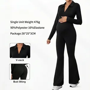 Maternity Jumpsuit Long Sleeve Flare Leg Zipper V Neck Slim Fit Butt Lifting Belly Support For Pregnant Women