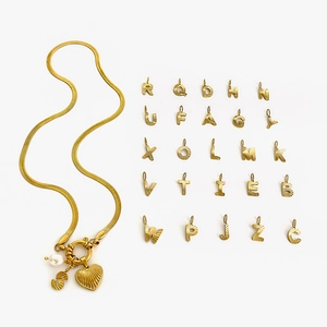 Golden flat snake chain necklace with pearl heart charm and 26 letter pendants set
