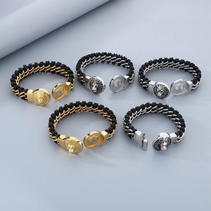 Braided leather wolf and lion head bracelets with magnetic clasps in gold and silver