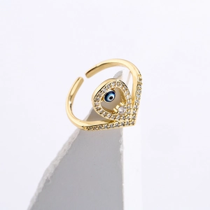 Detail of 18K gold plated teardrop evil eye ring with pavé cubic zirconia accents