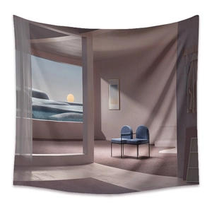 Close-up of bohemian tapestry fabric texture featuring surreal window and mountain art