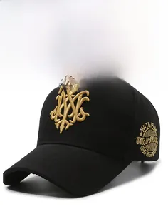 Detailed close-up of large golden 3D embroidery and Wolf Master badge on a black baseball cap